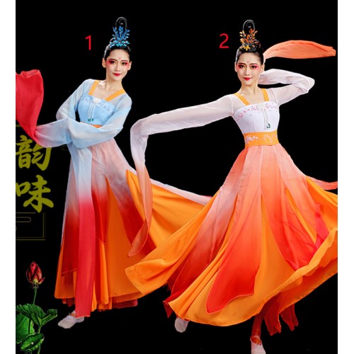 Orange white blue gradient waterfall sleeves fairy Chinese classical folk dance dress for women girls traditional ancient tang han dynasty hanfu folk dance costumes for female